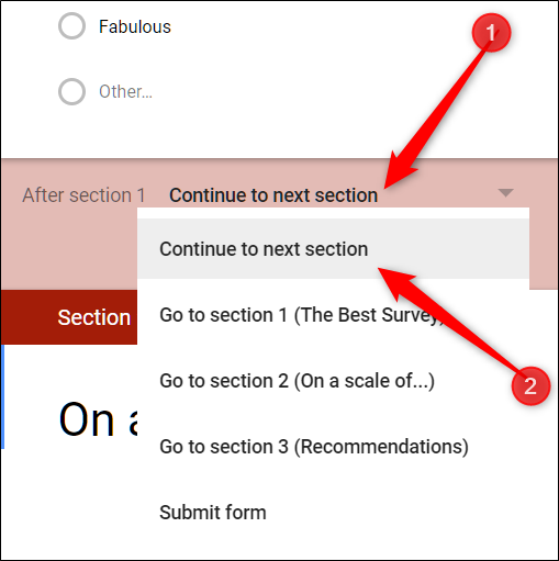 Click the drop-down menu and select where the form should send people after they complete the section.