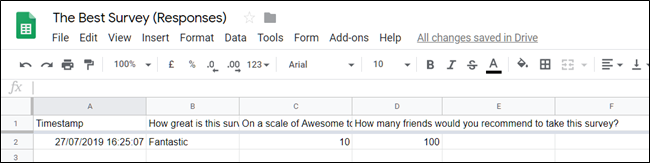 A spreadsheet in Google Sheets showing a response to a question a survey.