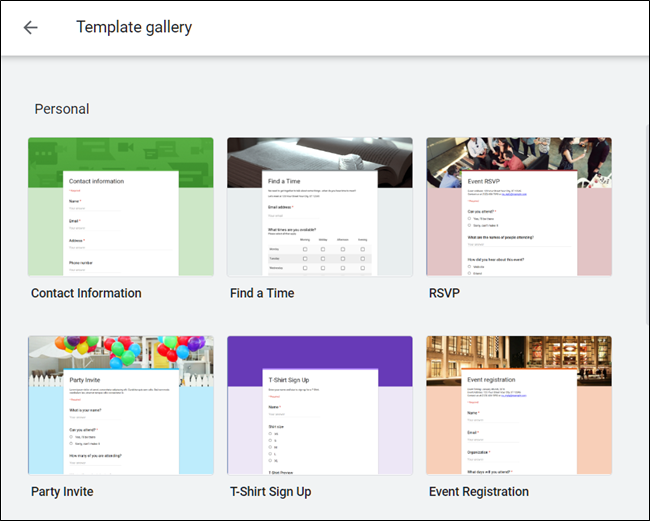 The Google Forms Template Gallery.