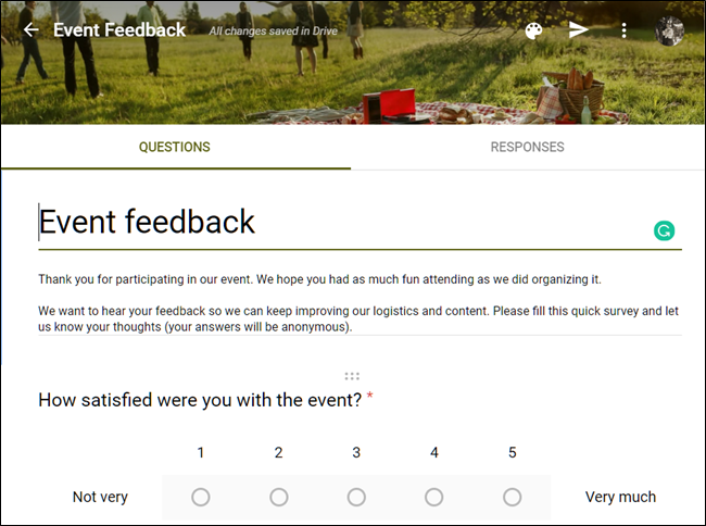 An example of an Event feedback template on Google Forms.