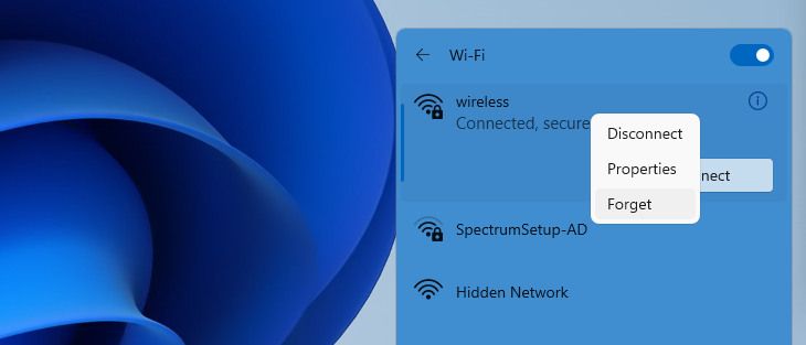 A screenshot showing a user forgetting a Wi-Fi network on Windows 11.
