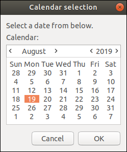 zenity calendar window with date selected