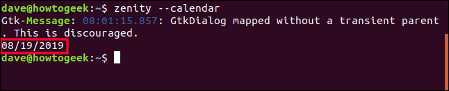 Date from the calendar shown in the terminal window