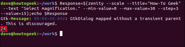 zenity scale value in a terminal window
