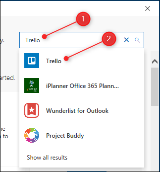The Search box with the Trello result highlighted