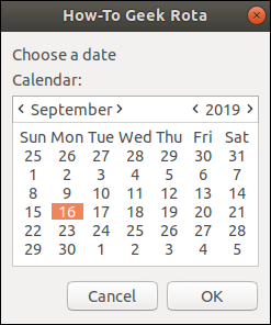 zenity calendar window with a date selected