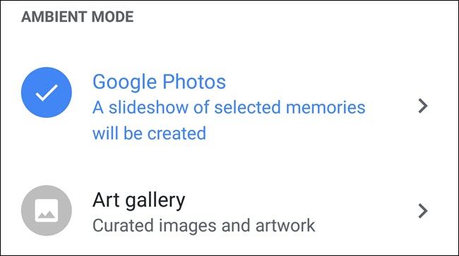 Google Home Ambient Mode settings, with Google Photos selected.