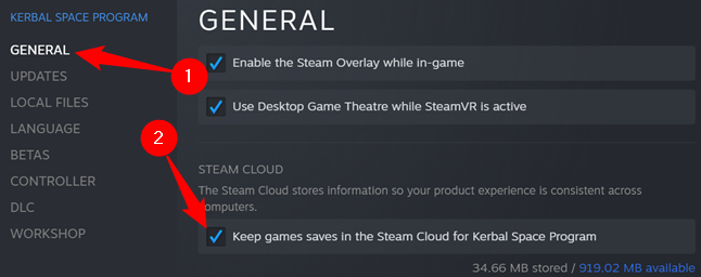 Make sure "General" tab is selected, then click "Keep games saves in the steam cloud for Game."