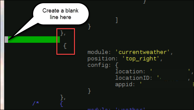 modules code, with a newline inserted after }, and before {