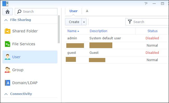 Synology control panel Users options with admin profile disabled.