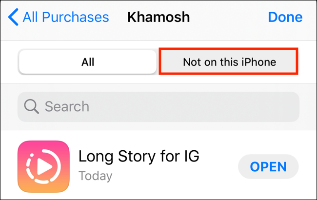 Select "Not on This iPhone" button to filter apps not installed on the iOS device