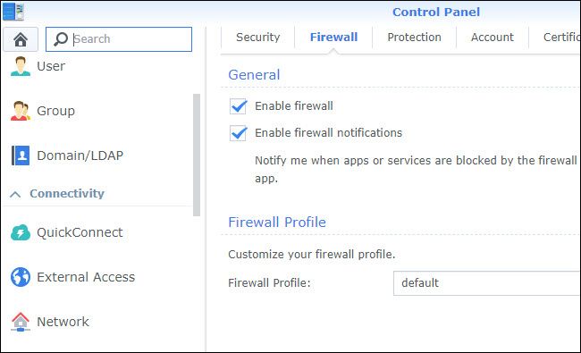 Control Panel Firewall settings , with Firewall enabled.