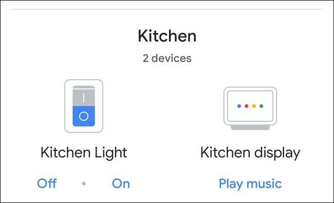 Google home kitchen room group, showing light and nest hub display.
