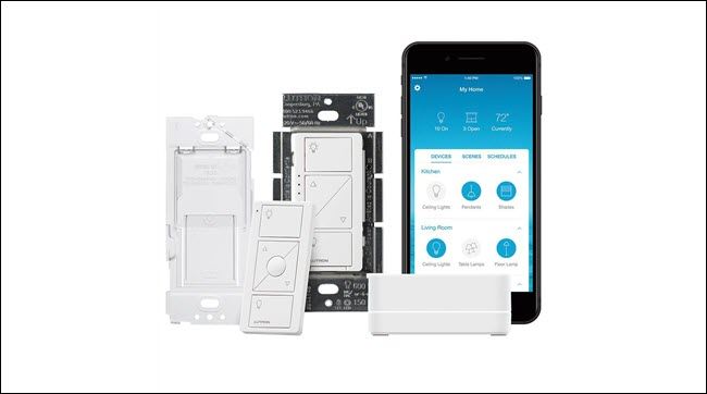 Lutron smart switch, wireless remote, and Lutron App and smart bridge.