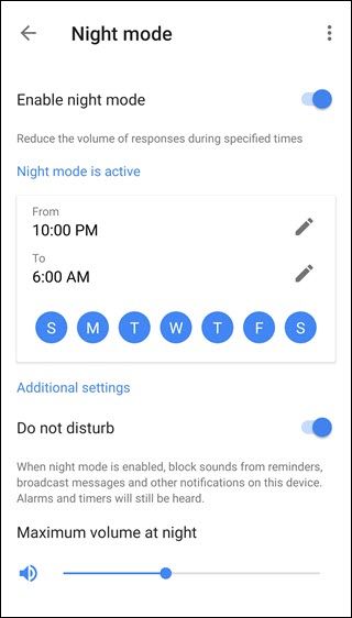 Night mode settings dialog, showing a daily schedule from 10pm to 6pm.
