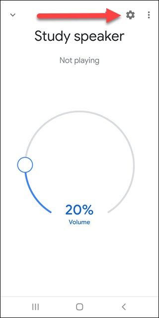 Google Home device dialog with arrow pointing towards settings gear.