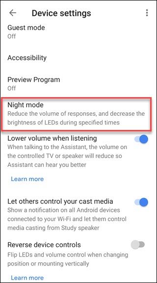 Google Home Device settings dialog with box around Night mode option.