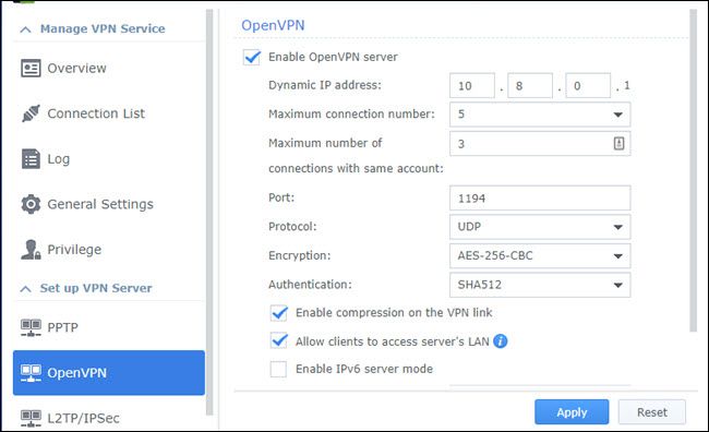 OpenVPN settings in a Synology NAS