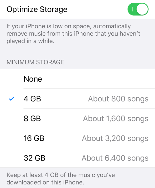 Select Minimum Storage in Optimize Storage for Apple Music