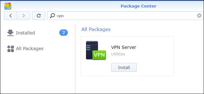 Package Center with the VPN Server install showing.