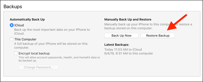 Click on Restore Button to restore from an old iTunes backup