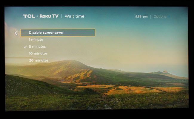 Roku screensaver time settings dialog, with 5 minutes selected.