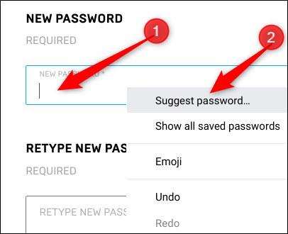Right-click in the password field, and then click &quot;Suggest Password.&quot;