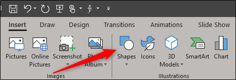 Shape option in illustration group of insert tab