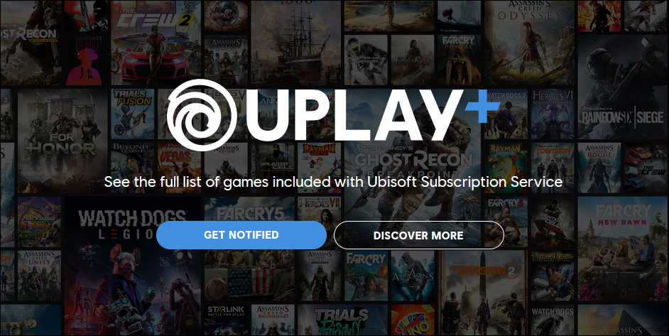 Uplay Plus logo on a background of multiple video game cover images.