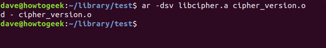 ar -dsv libcipher.a cipher_version.o in a terminal window