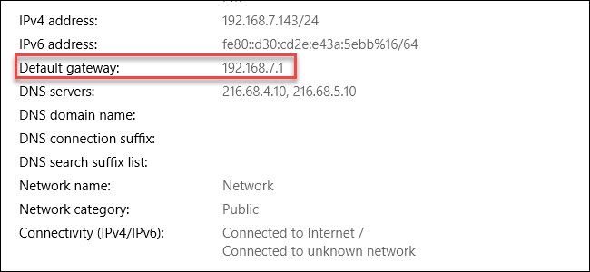A router's admin screen with the &quot;Default gateway&quot; entry and IP address circled.