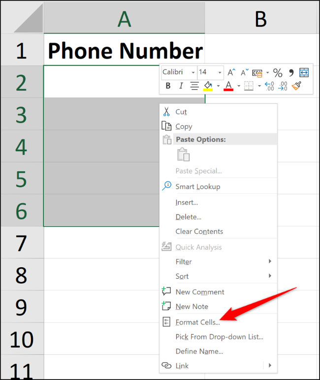 Format Cells from the shortcut menu