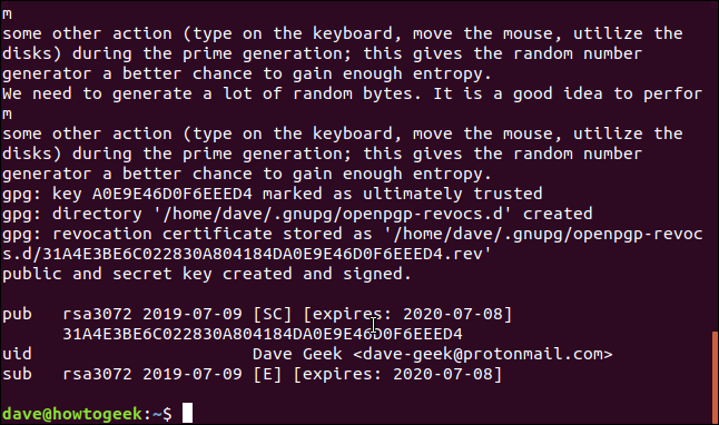 gpg key generation completed in a terminal window