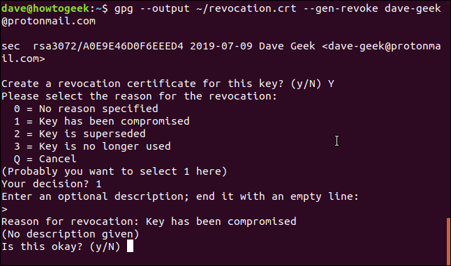 gpg certificate questions in a terminal window