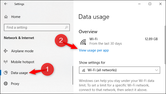 Option to view data usage per app in Windows 10's Settings