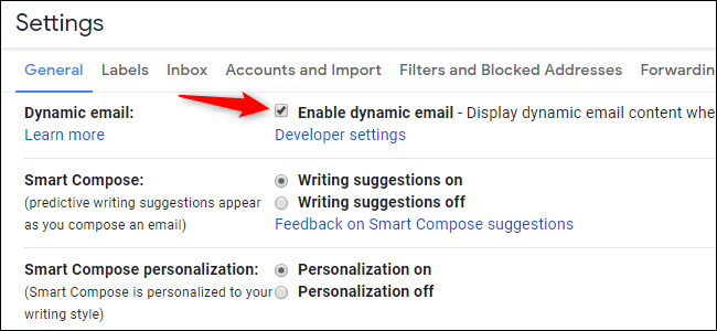 Option to disable or enable dynamic email in Gmail