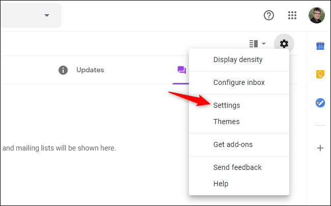 Option to open Gmail's Settings on the web.