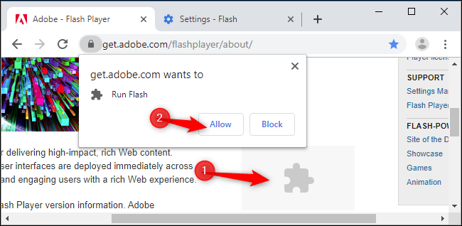 Click the Flash object and click &quot;Allow.&quot;