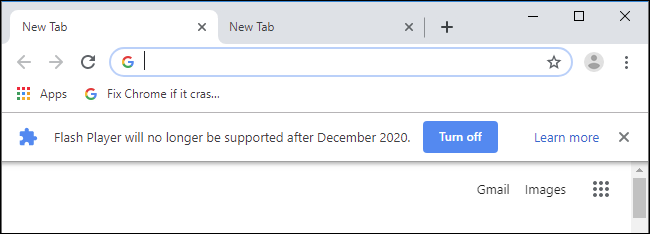 &quot;Flash Player will no longer be supported after December 2020&quot; banner message in Google Chrome.