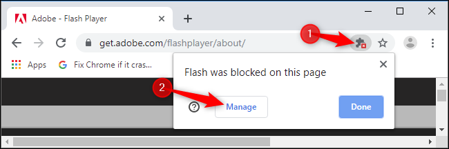 Click the blocked plugin icon in Chrome's omnibox and click &quot;Manage.&quot;