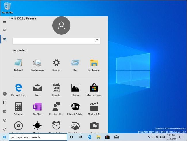 Leaked Windows 10 Start menu without live tiles