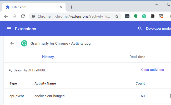 Chrome extension activity log history tab