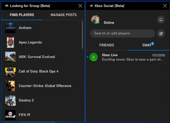 Looking for Group and Xbox Social beta panels in game bar
