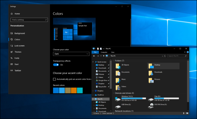 Dark mode in Windows 10's Settings and File Explorer applications