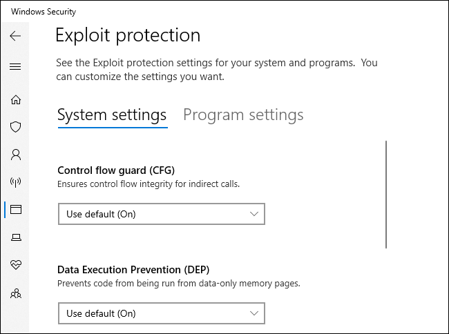 Exploit Protection settings in Windows Security