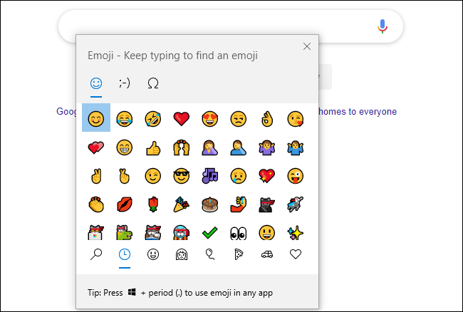 Emoji panel in Google Chrome on Windows 10