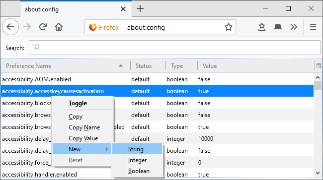 Adding a new String preference in Firefox's about:config