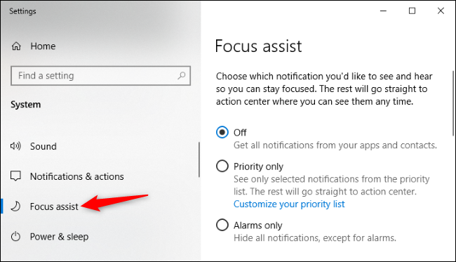 Focus Assist options in Windows 10's Settings