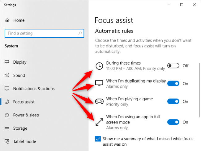 Focus Assist automatic rules in Windows 10