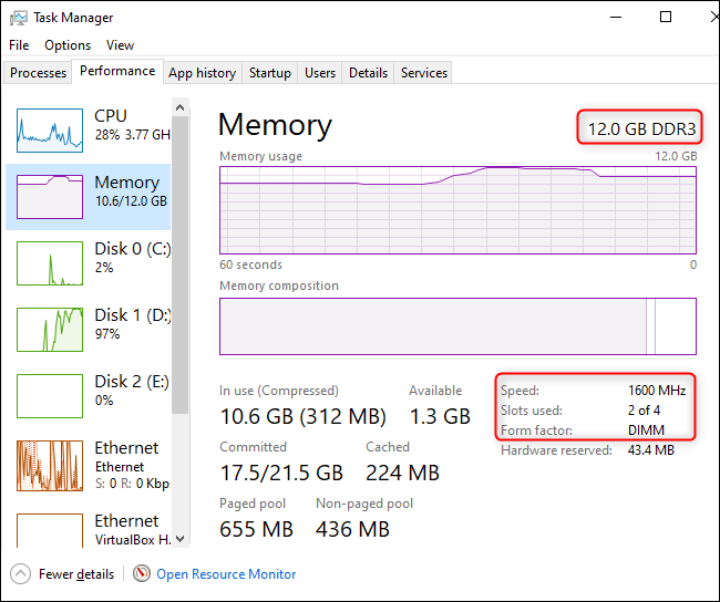 Amount and speed of RAM displayed in Windows 10's Task Manager